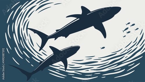Stylized Graphic Art Illustration of Two Sharks Swimming in Powerful Swirling Blue Ocean Waves