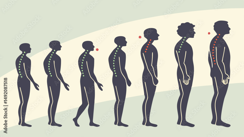 Illustration of Human Posture Progression Showing Spine Alignment Changes and Potential Health Issues