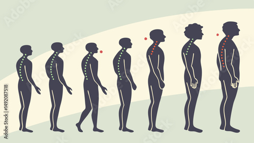 Illustration of Human Posture Progression Showing Spine Alignment Changes and Potential Health Issues