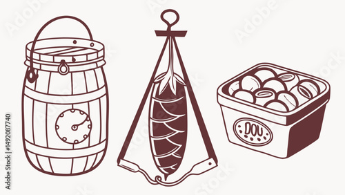 Vintage Food Preservation Line Art Illustration with Pickling Barrel Hanging Scale and Produce Container