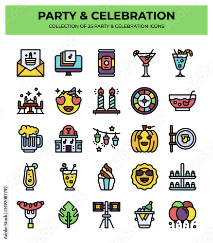 Party & Celebration Icons. 25 Colorful Vector Icons for Festive Events