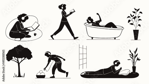 Simple Black and White Illustrations People Relaxing, Reading, Walking, Bathing, and Enjoying Leisure with Headphones