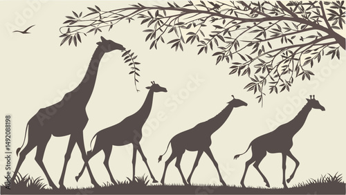 African Savanna Giraffe Family Silhouette Vector Illustration Walking Under Tree