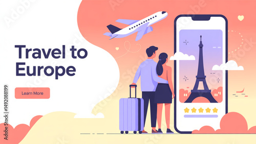 colorful vector-style digital illustration promoting travel to Europe.