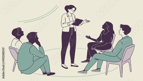 Simple Flat Illustration of Diverse People in a Group Therapy Support Meeting or Workshop Led by a Facilitator