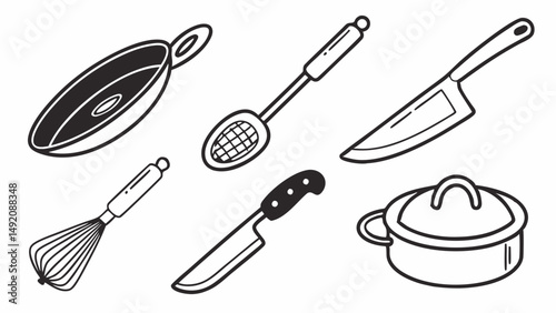 Kitchen Utensils Cooking Tools Set Black and White Line Art Simple Outline Illustration