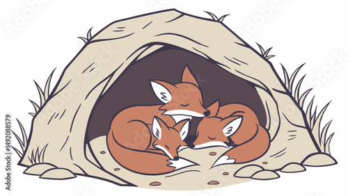 Cozy Fox Family Sleeping in Den Cute Cartoon Animal Drawing