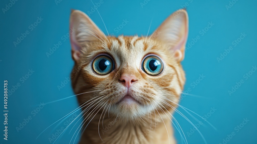 Adorable orange tabby cat with wide eyes against blue background Adorable orange tabby cat with wide eyes against blue background