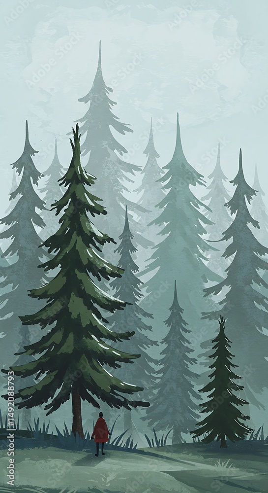 Fototapeta premium Misty Pines: Solitude in Green and Gray