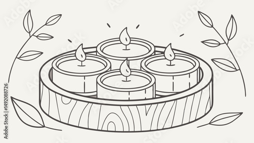 Simple Line Art Illustration Four Lit Tea Light Candles Wooden Holder Leaves Cozy Hygge