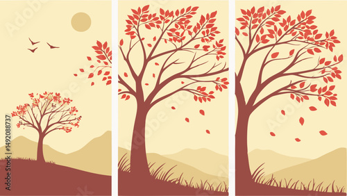 Autumn Landscape Triptych Illustration Windy Trees Falling Red Leaves Sun Birds Warm Minimalist Art