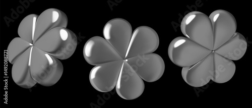 Abstract chrome 3d flowers in different positions. Y2k daisies, silver design elements on black background. Realistic vector illustrations.