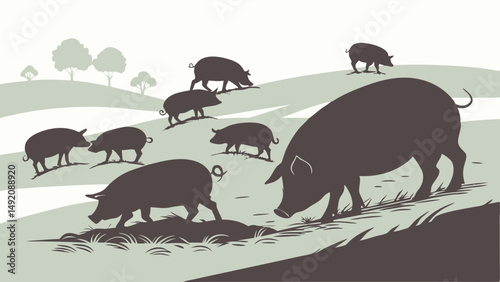 Graphic illustration of a herd of pigs grazing on a grassy hill landscape