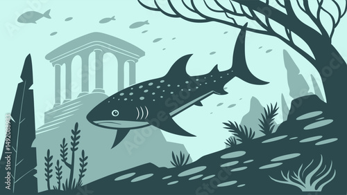 Serene Teal Underwater Flat Illustration of Whale Shark Swimming Past Ancient Ruins