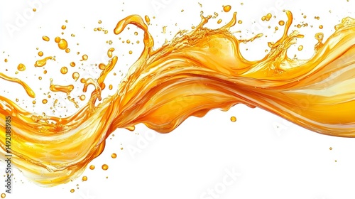 Dynamic splash of vibrant, golden liquid flowing elegantly against a stark white backdrop.  Its texture is smooth, yet energetic, with droplets scattered throughout