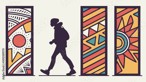 Colorful Modern Graphic Illustration of a Silhouette Person Walking Between Three Panels with Ethnic Geometric Sun Patterns