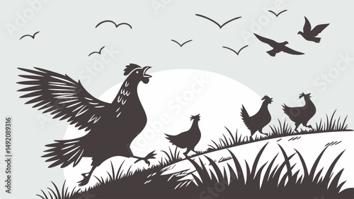 Protective mother hen silhouette leading chicks on grassy hill, birds flying, black and white nature art.