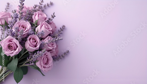 a wedding bouquet of purple roses and lavender on a soft purple background with free space on the right for inserting text