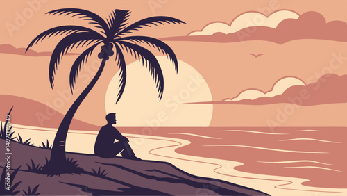 Peaceful stylized illustration of a person silhouette under a palm tree watching a tropical sunset