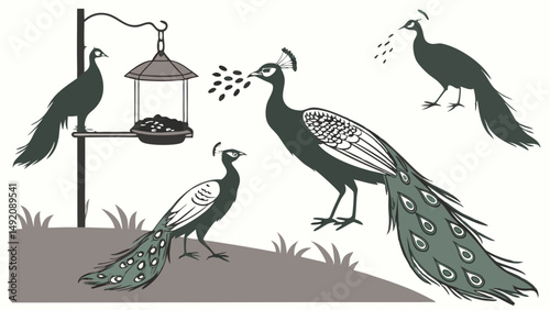 Stylized grayscale illustration of peacocks with ornate tails feeding at a bird feeder