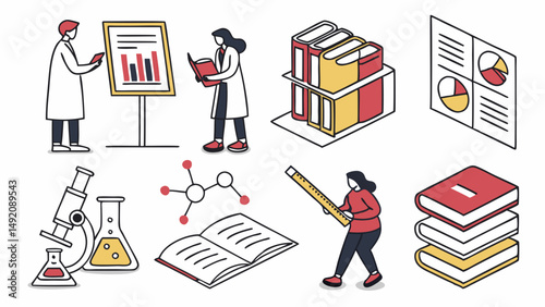 Isometric Line Art Illustration: Science, Education, Research, Lab Work, Data Analysis, Studying, Books, Scientists