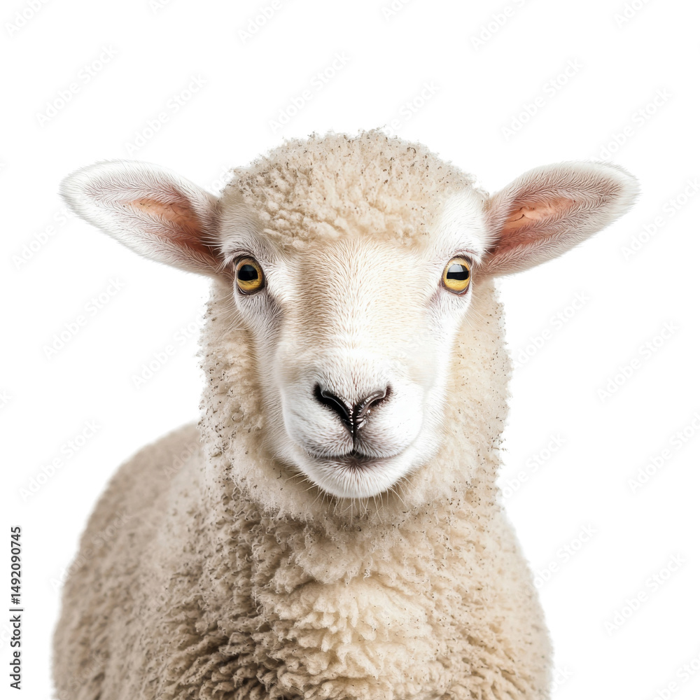 Obraz premium Fluffy sheep with soft wool coat and bright eyes, looking directly at camera, exuding calm and friendly demeanor