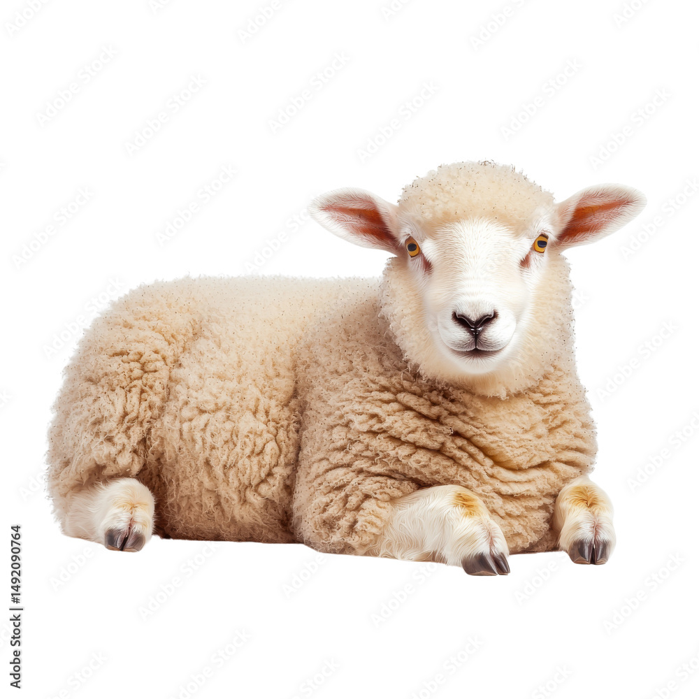 Fototapeta premium Fluffy sheep lying down, showcasing its soft wool and gentle expression, perfect for farm themed imagery