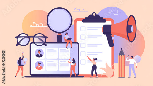 flat-style vector illustration for a 'We're Hiring' announcement.