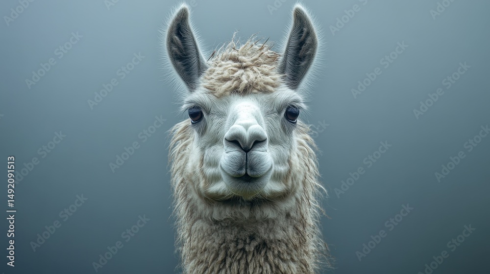 Obraz premium Close-up portrait of a calm llama with fluffy fur on a gray background