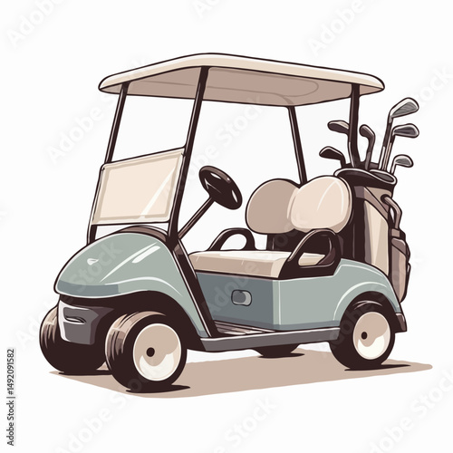 Golf cart with clubs parked on white background