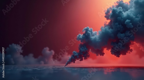 A surreal depiction of dark smoke billowing across a vibrant crimson sky, mirroring itself on a calm, reflective surface.