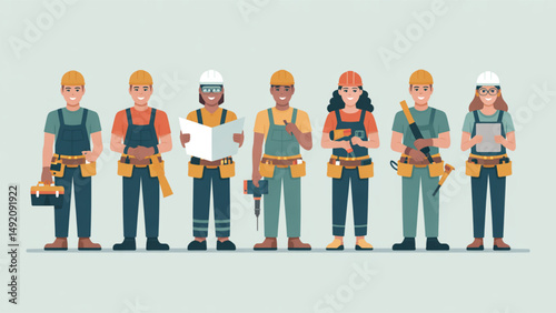 vector illustration of six diverse construction professionals standing in a row, including male and female workers.