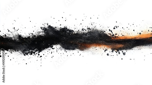Abstract image of dark and orange particles dispersed against a white background, resembling a burst or explosion