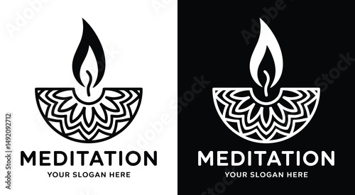 Meditation Center Logo Bold Black Mandala and Flame Design for Mindfulness Practices