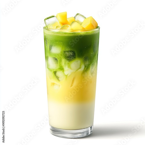 Refreshing layered drink with mango and matcha.  Ice cubes and fruit pieces are visible