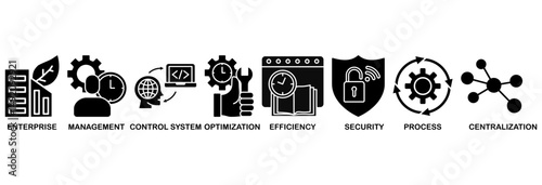 Industrial control system icon set vector illustration concept with icon of enterprise, management, control system, optimization, efficiency, security, process, centralization