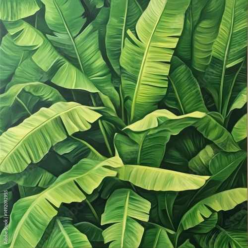Lush banana leaves in vibrant greens.  Close-up view of tropical foliage