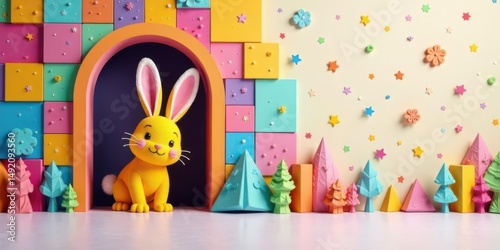A cheerful yellow bunny rabbit peeks from a colorful archway, surrounded by pastel geometric shapes and whimsical decorations creating a joyful, playful scene.
