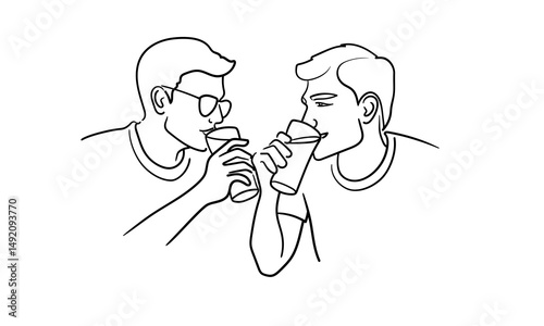 Two men drinking beer, male friendship continious line drawing. Beer party. Vector illustration	