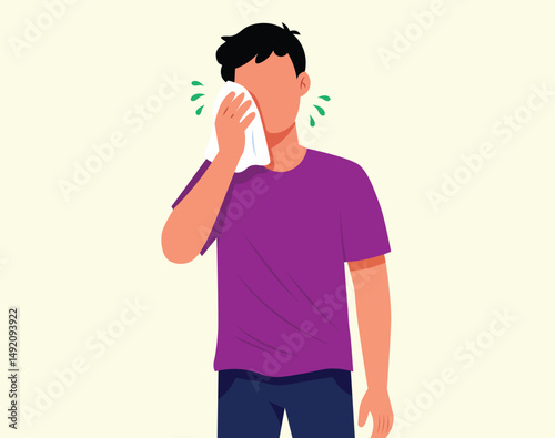 Sweating, heat, exhaustion, tiredness, and discomfort his flat illustration shows a man wiping sweat with a napkin, wearing sweaty clothes under the sun or physical stress.