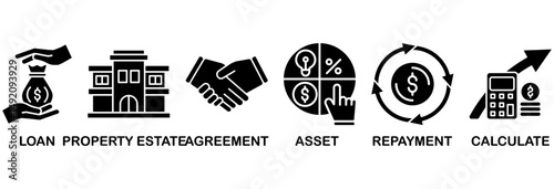 Mortgage icon set vector illustration concept with icon of loan, property estate, agreement, asset, repayment and calculate