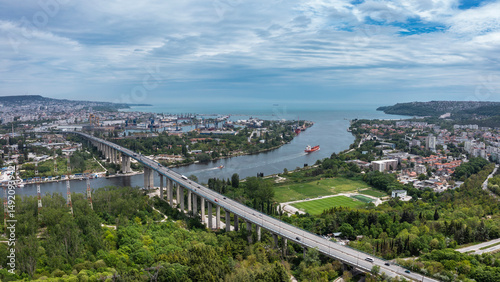 Aerial view of bridge with cars passes above the lake in Varna, Bulgaria
