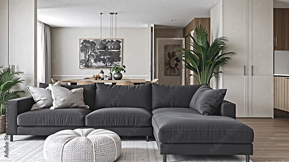 a serene living space anchored by a deep grey, generously sized sofa, complemented by a textural pouf. walls feature streamlined panels, adding subtle depth
