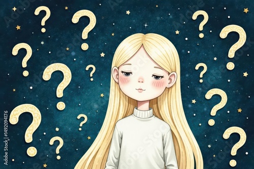 A Young Girl Contemplates Life's Enigmas Under a Starry Sky, Surrounded by Intriguing Question Marks