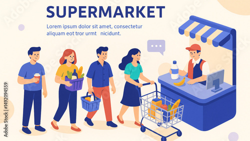vector illustration of a supermarket checkout scene.