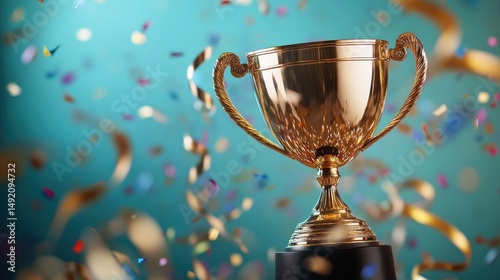 Golden trophy with colorful confetti on blue background