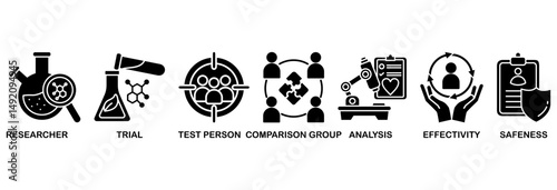 Clinical study icon set vector illustration concept for clinical trial research with an icon of researcher, trial, test person, comparison group, analysis, effectivity, and safeness