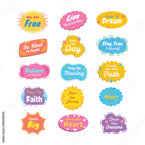 Colorful Motivational Phrase Stickers with Positive Messages and Designs
