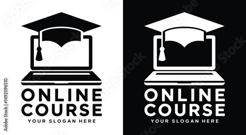 Online Education Logo Bold Black Laptop and Cap Design for E-Learning Platforms