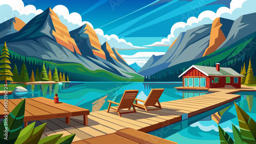 Jetty with chairs by Minnewanka Lake, Alberta, Canada Very beautiful 